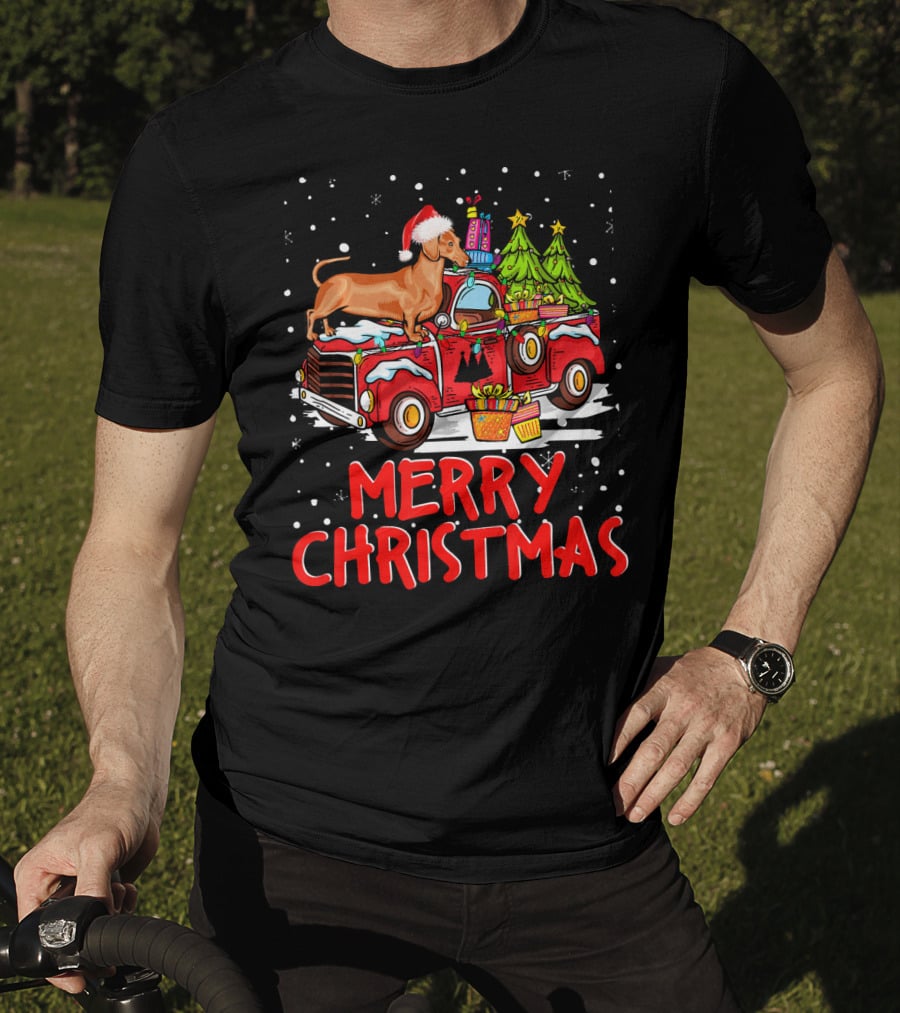 Merry Christmas Dachshund Santa Hat Red Truck With Gifts And Trees T-Shirt