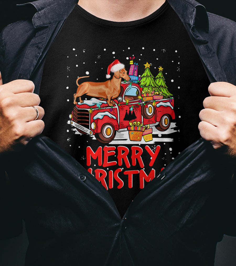 Merry Christmas Dachshund Santa Hat Red Truck With Gifts And Trees T-Shirt