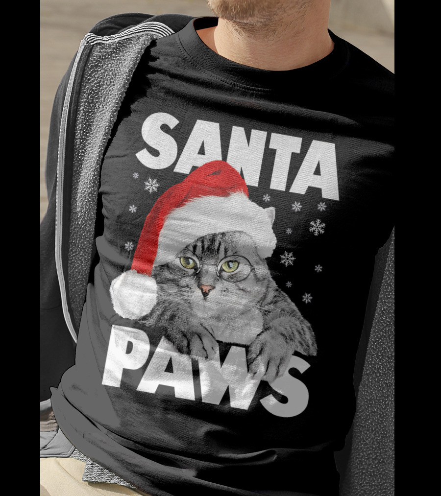 Santa Paws Christmas Kitty Cat Funny Graphic Snowflakes Hat T-Shirt