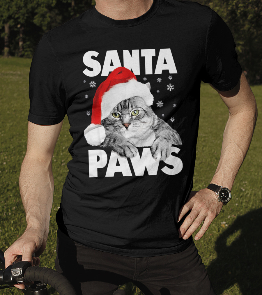 Santa Paws Christmas Kitty Cat Funny Graphic Snowflakes Hat T-Shirt