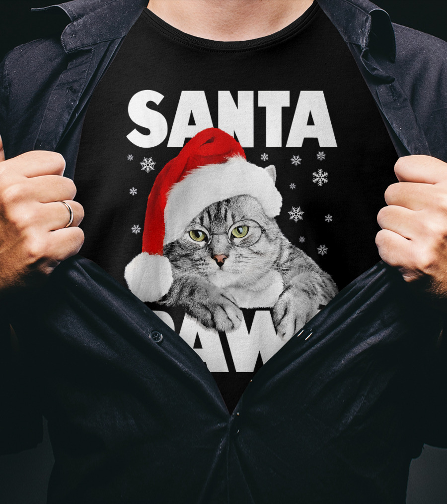 Santa Paws Christmas Kitty Cat Funny Graphic Snowflakes Hat T-Shirt