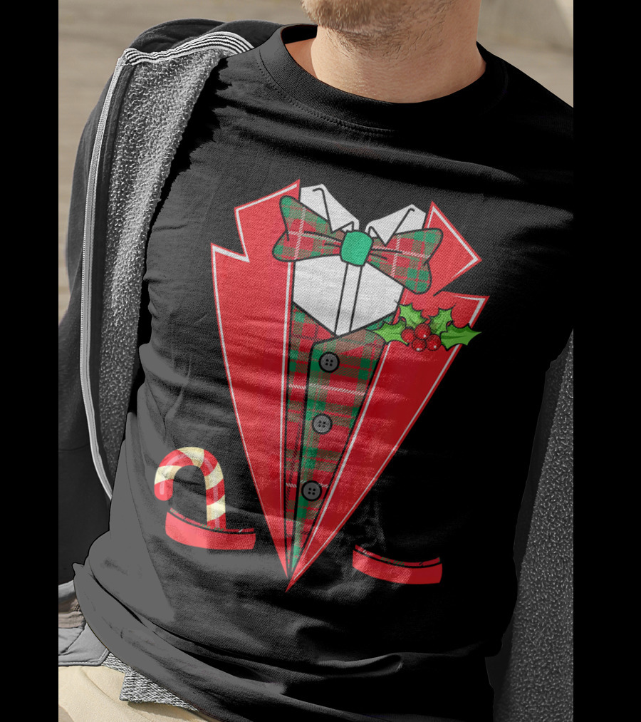 Tuxedo Christmas Fancy Xmas Co Red Plaid Bowtie Candy Cane Holiday Jacket T-Shirt