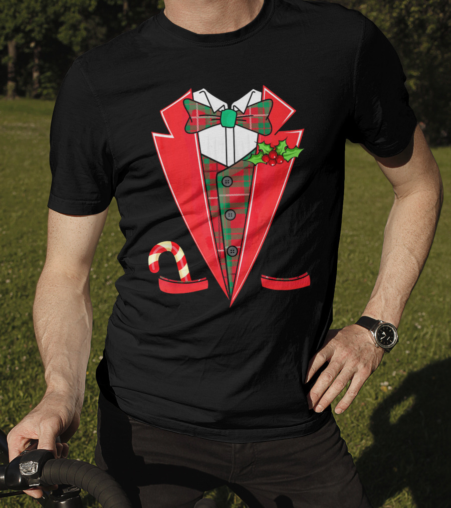 Tuxedo Christmas Fancy Xmas Co Red Plaid Bowtie Candy Cane Holiday Jacket T-Shirt