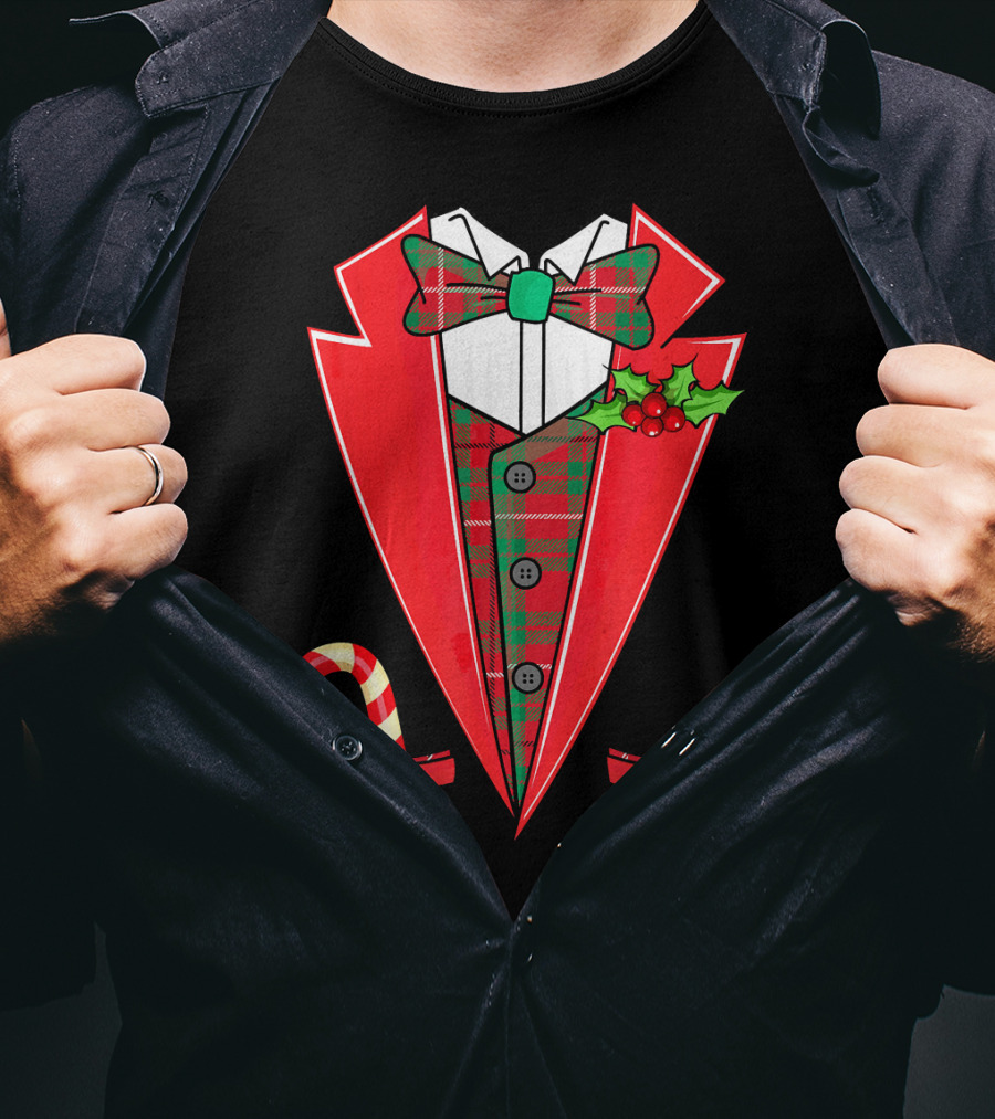Tuxedo Christmas Fancy Xmas Co Red Plaid Bowtie Candy Cane Holiday Jacket T-Shirt