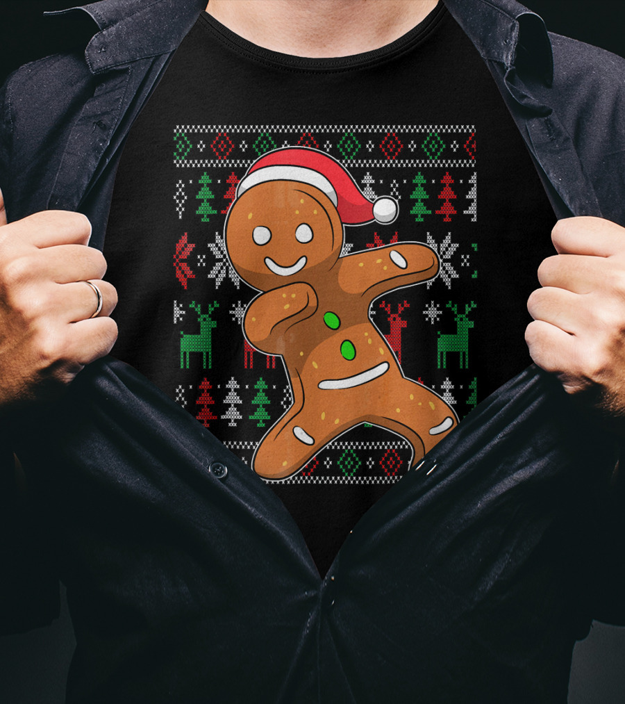 Ugly Christmas Sweater Dabbing Gingerbread Man Santa Hat Holiday T-Shirt
