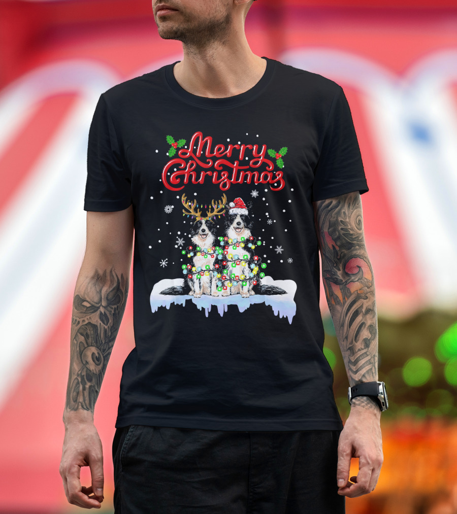 Merry Christmas Border Collie Christmas Lights Funny Dog Santa Reindeer T-Shirt