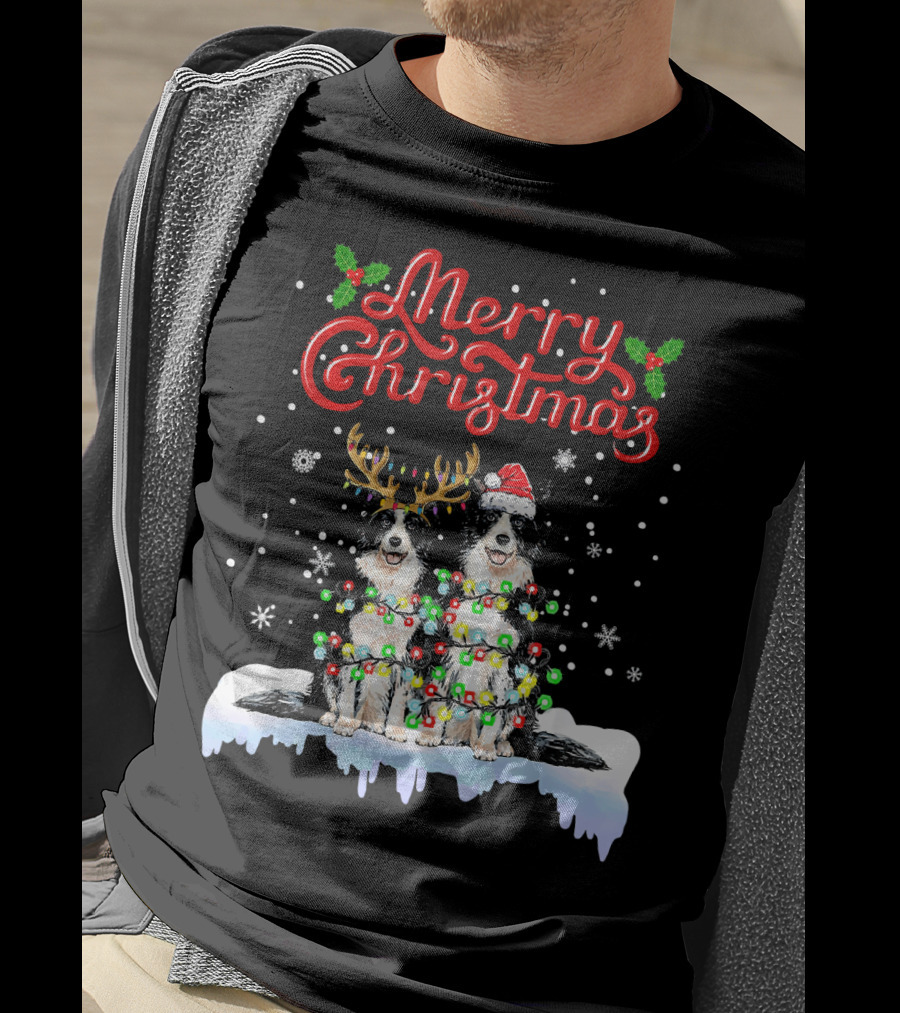 Merry Christmas Border Collie Christmas Lights Funny Dog Santa Reindeer T-Shirt
