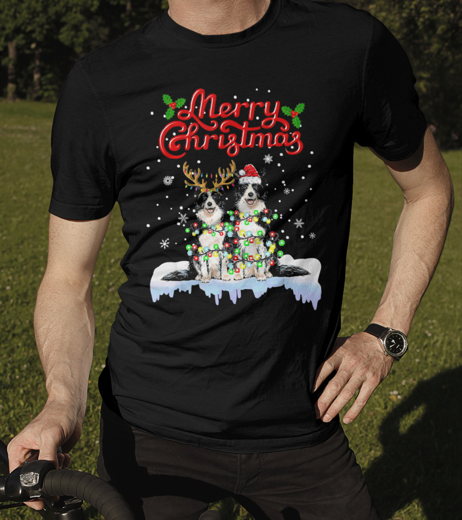 Merry Christmas Border Collie Christmas Lights Funny Dog Santa Reindeer T-Shirt