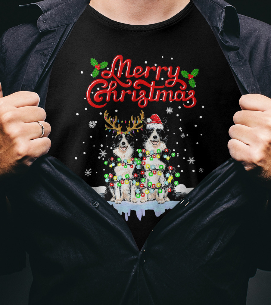 Merry Christmas Border Collie Christmas Lights Funny Dog Santa Reindeer T-Shirt