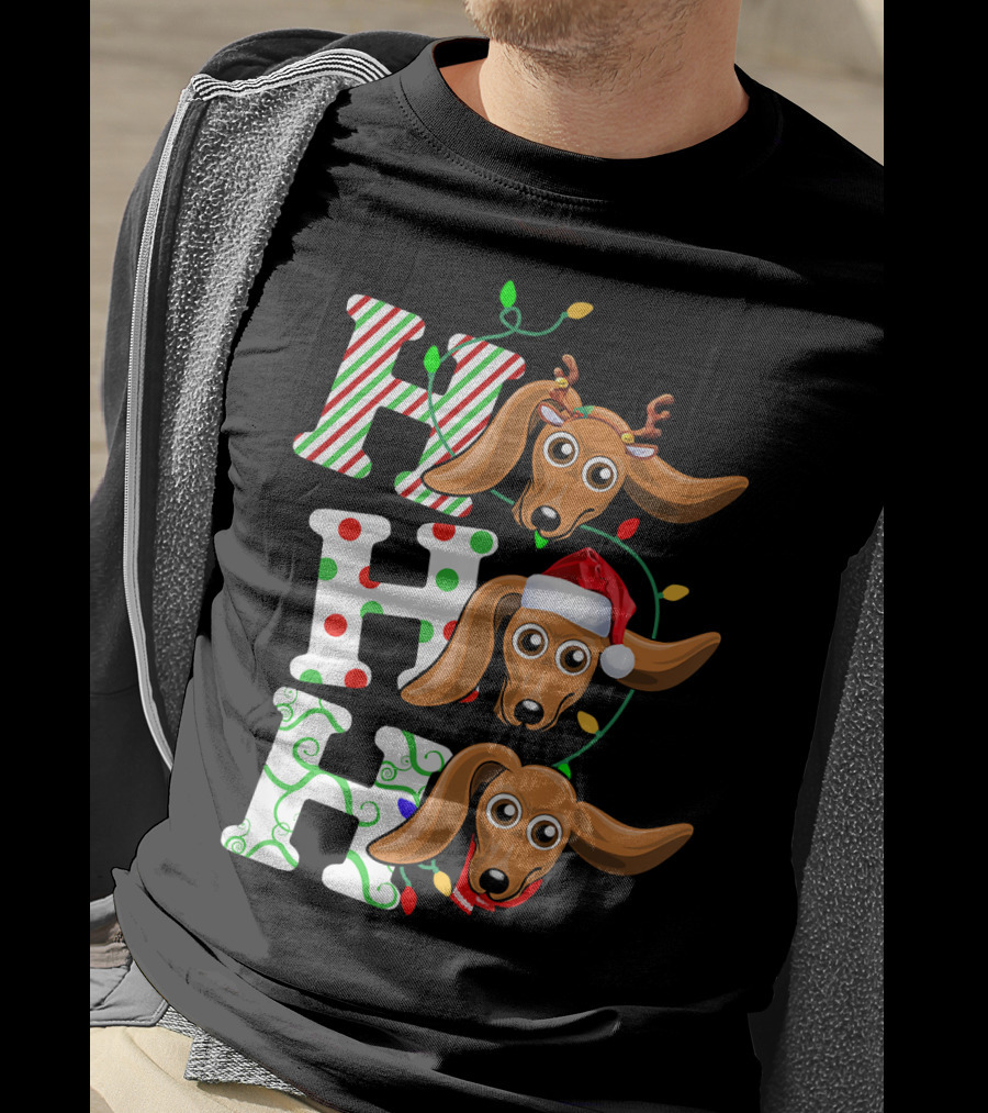 Dachshund Ho Ho Ho Reindeer Antlers Santa Hat Christmas Lights T-Shirt