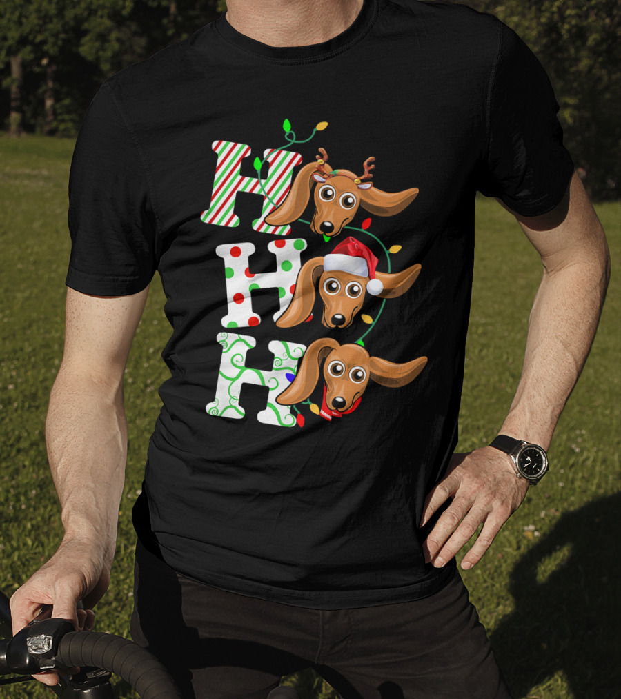 Dachshund Ho Ho Ho Reindeer Antlers Santa Hat Christmas Lights T-Shirt