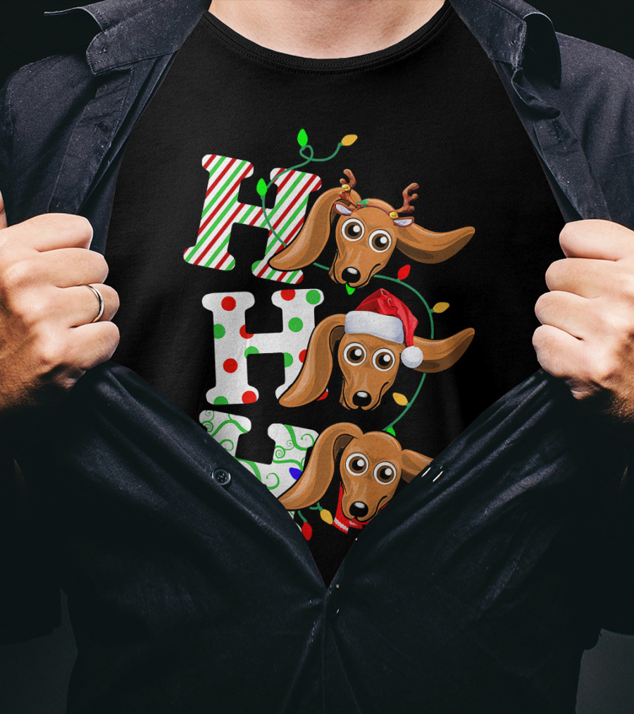 Dachshund Ho Ho Ho Reindeer Antlers Santa Hat Christmas Lights T-Shirt
