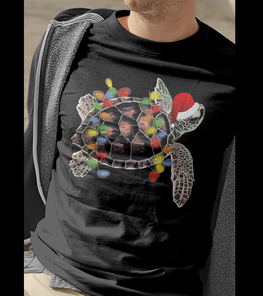 Sea Turtle With Christmas Lights In Santa Hat Merry Chris T-Shirt
