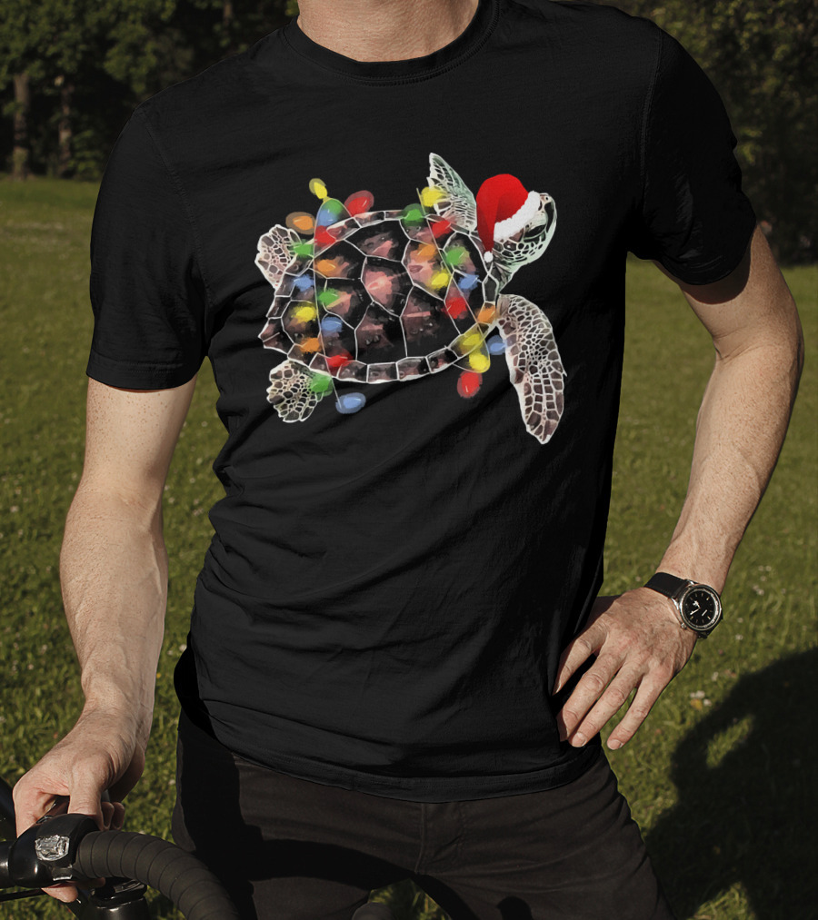 Sea Turtle With Christmas Lights In Santa Hat Merry Chris T-Shirt