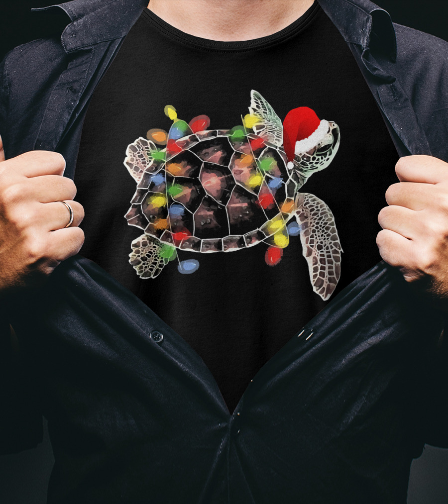 Sea Turtle With Christmas Lights In Santa Hat Merry Chris T-Shirt