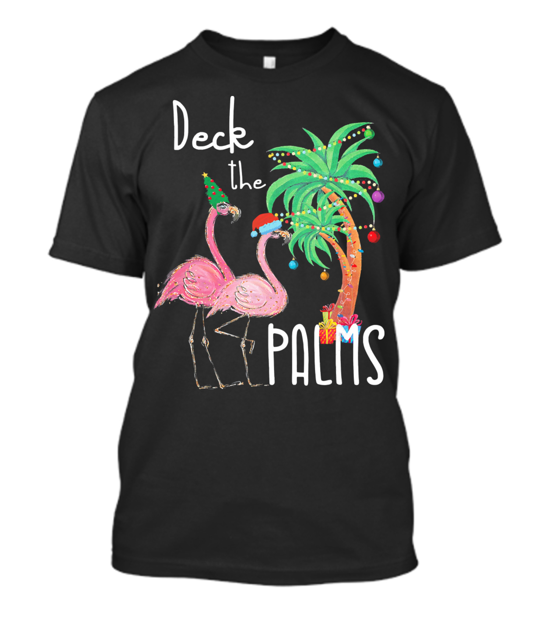 Deck The Palms Christmas Flamingo Family Tropical Holiday Scene T-Shirt