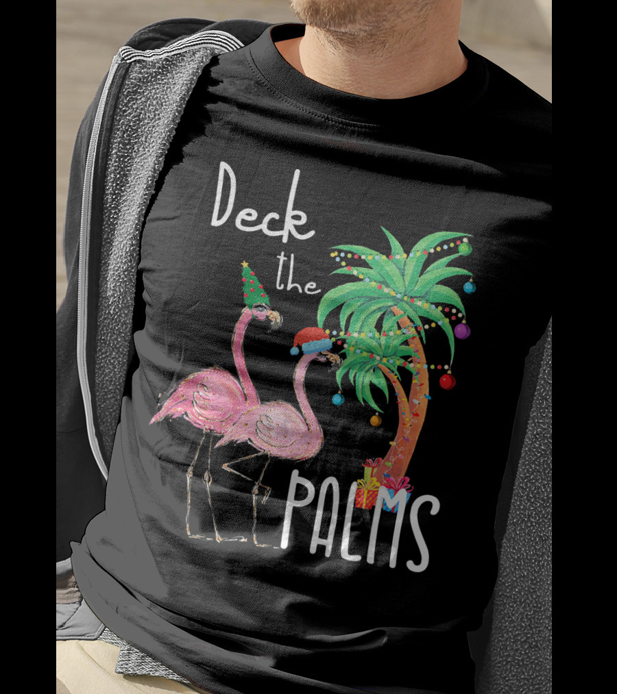 Deck The Palms Christmas Flamingo Family Tropical Holiday Scene T-Shirt