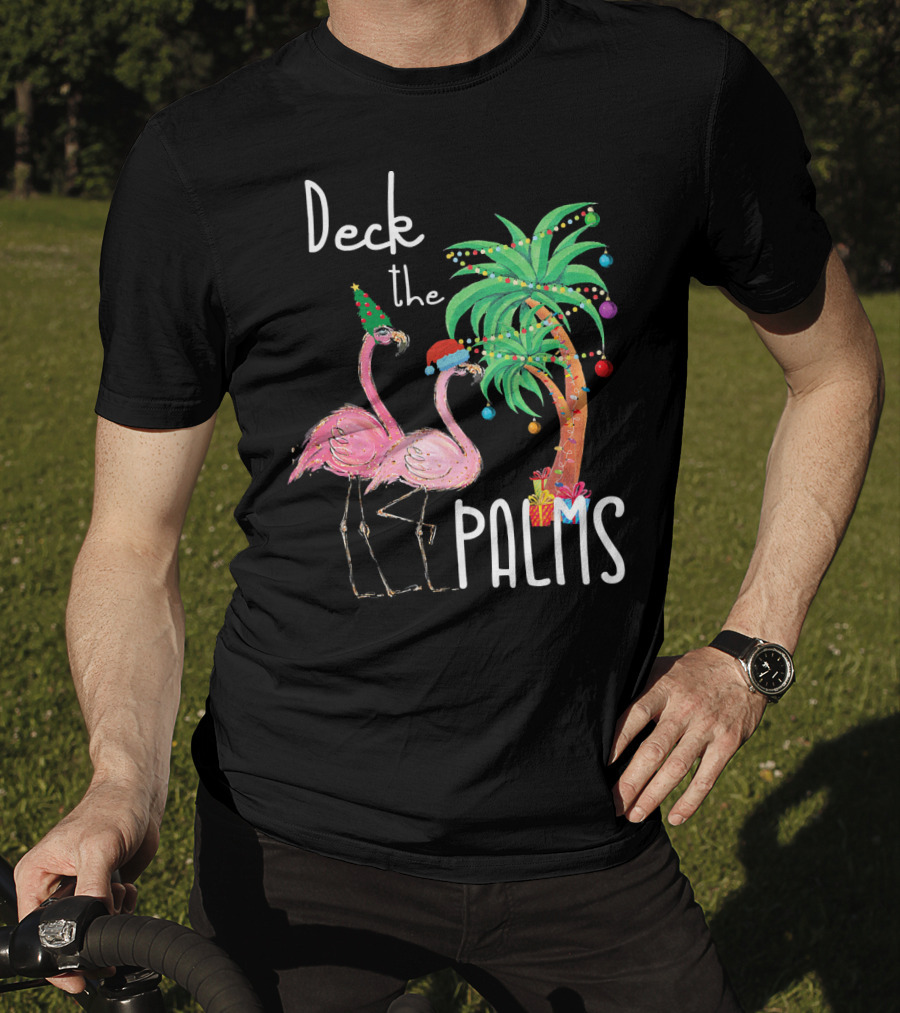 Deck The Palms Christmas Flamingo Family Tropical Holiday Scene T-Shirt