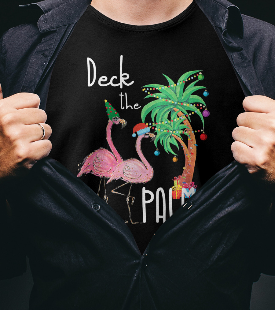 Deck The Palms Christmas Flamingo Family Tropical Holiday Scene T-Shirt