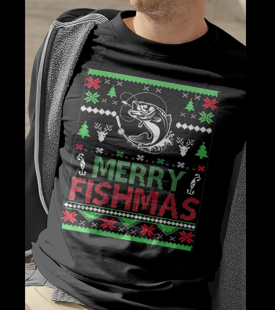 Merry Fishmas Ugly Fishing Christmas Bass Fish T-Shirt