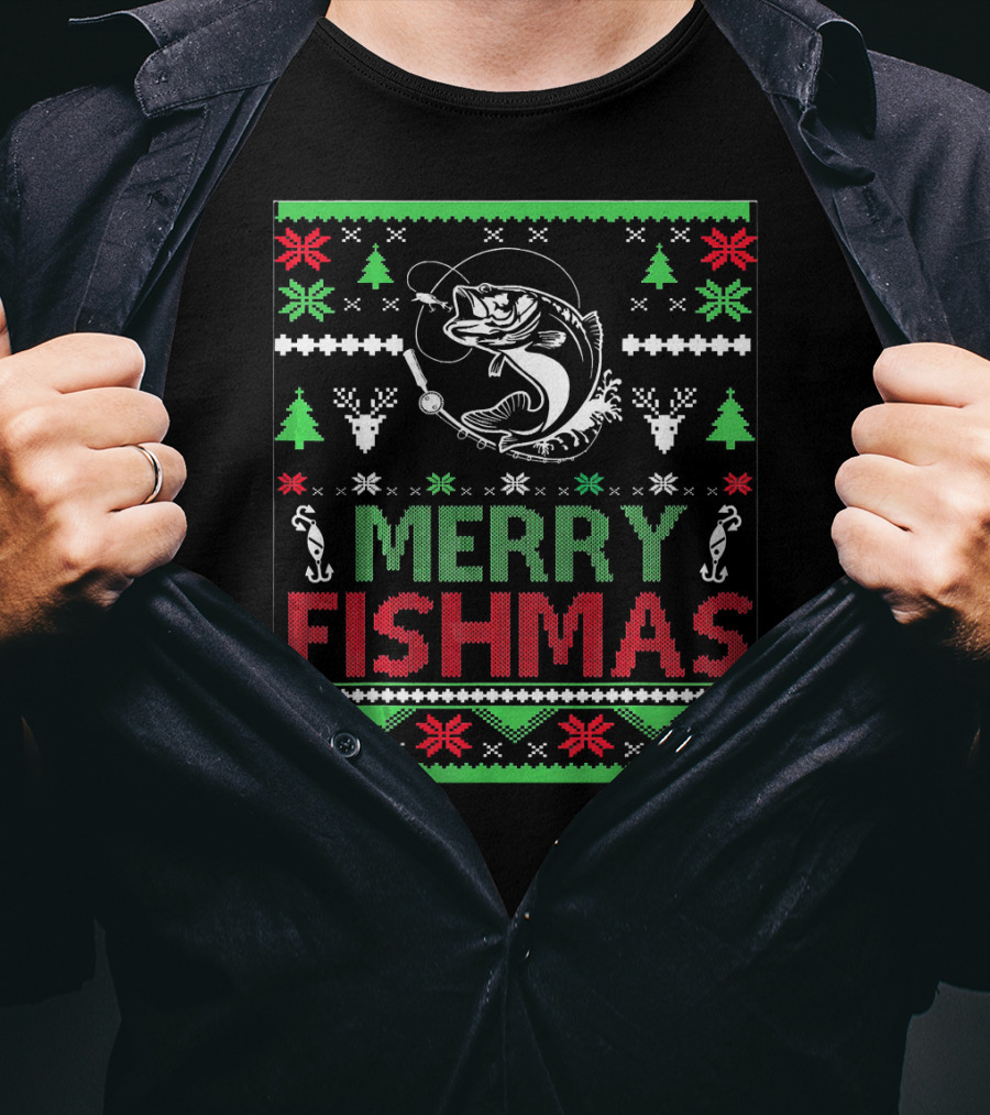 Merry Fishmas Ugly Fishing Christmas Bass Fish T-Shirt