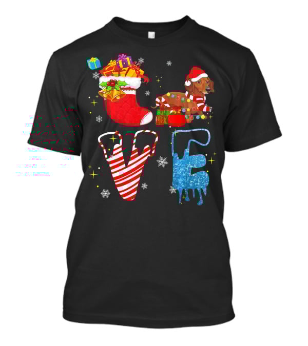 Dachshund Forever Love Merry Christmas Stocking Candy Cane Snowflakes T-Shirt