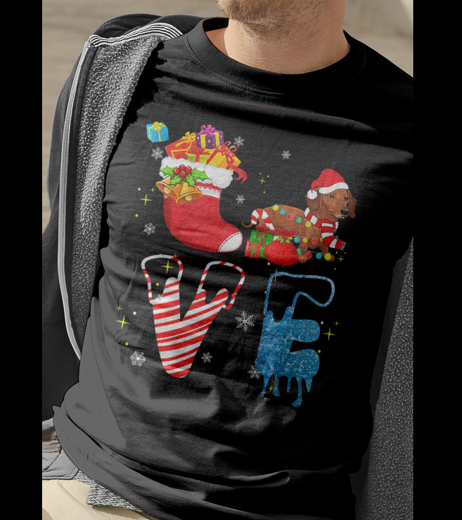 Dachshund Forever Love Merry Christmas Stocking Candy Cane Snowflakes T-Shirt