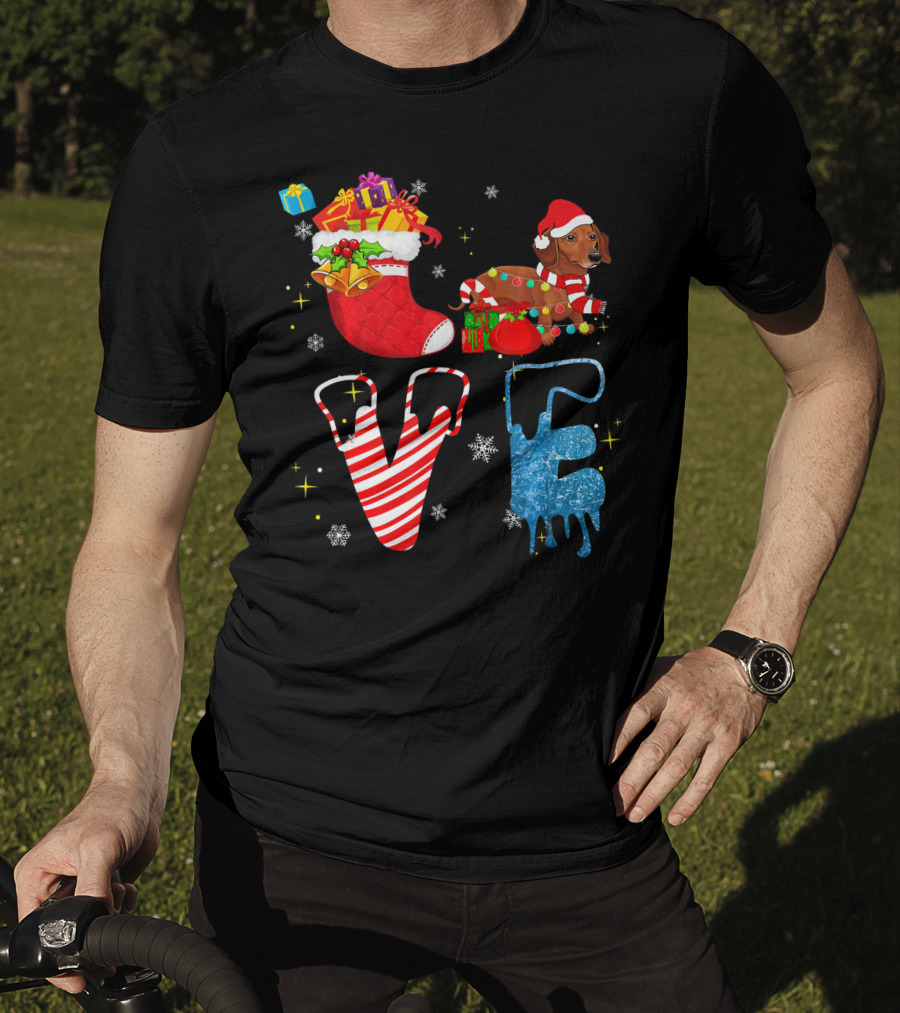 Dachshund Forever Love Merry Christmas Stocking Candy Cane Snowflakes T-Shirt