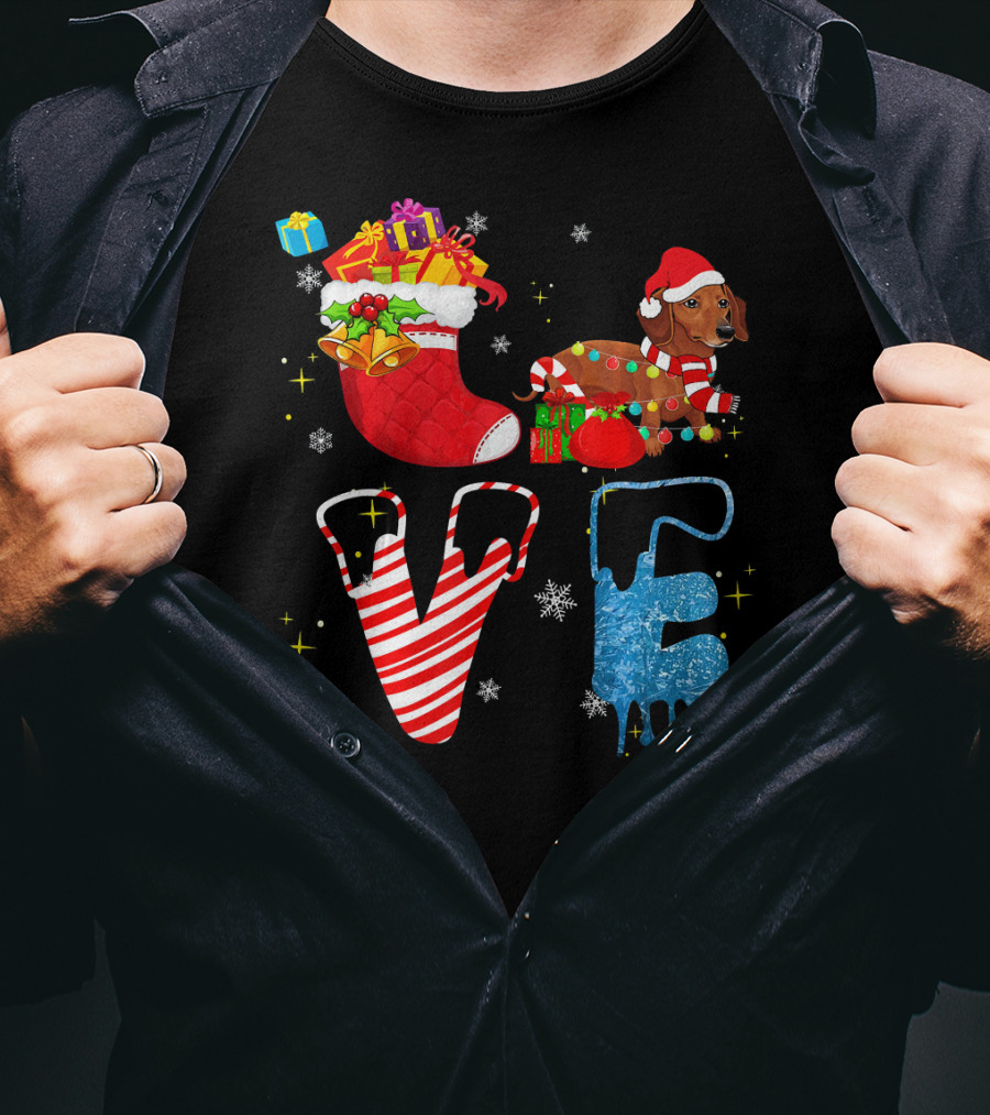 Dachshund Forever Love Merry Christmas Stocking Candy Cane Snowflakes T-Shirt