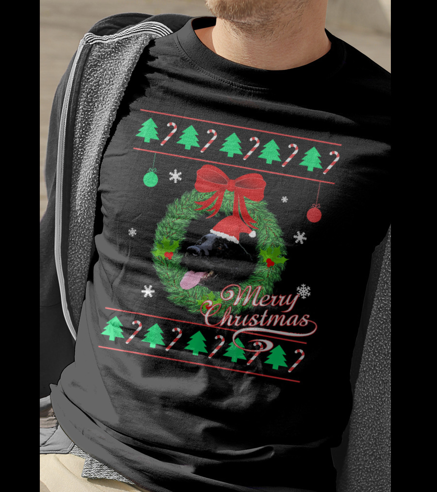 Merry Christmas Black Lab Puppy In Santa Hat With Wreath And Candy Canes T-Shirt