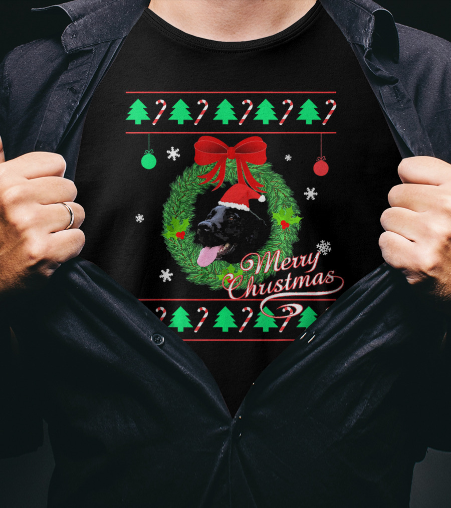 Merry Christmas Black Lab Puppy In Santa Hat With Wreath And Candy Canes T-Shirt