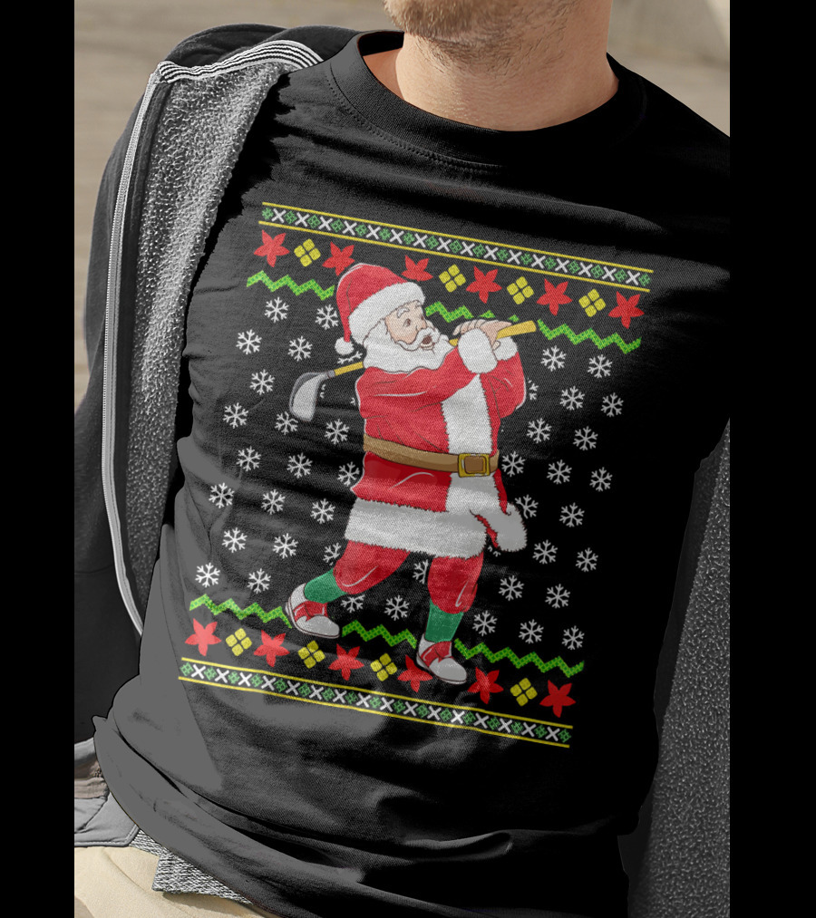 Ugly Christmas Santa Playing Golf Snowflakes T-Shirt
