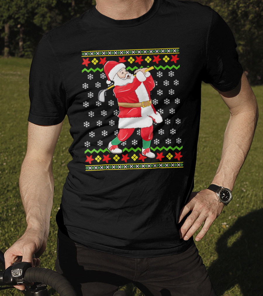 Ugly Christmas Santa Playing Golf Snowflakes T-Shirt