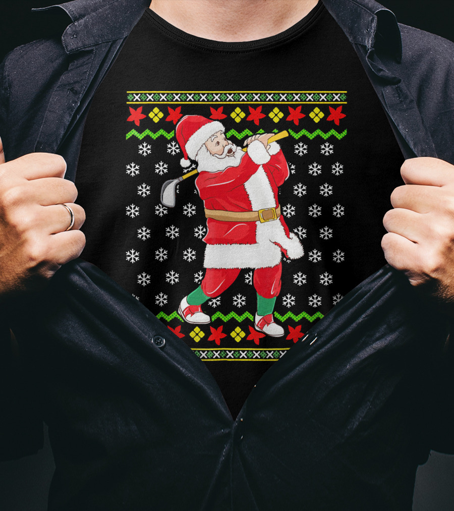 Ugly Christmas Santa Playing Golf Snowflakes T-Shirt