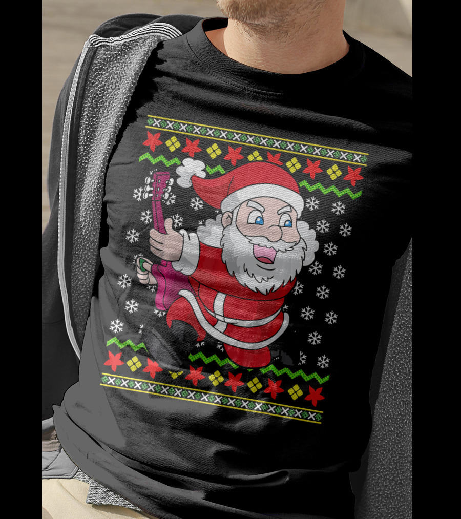 Ugly Christmas Santa Playing Guitar Festive T-Shirt