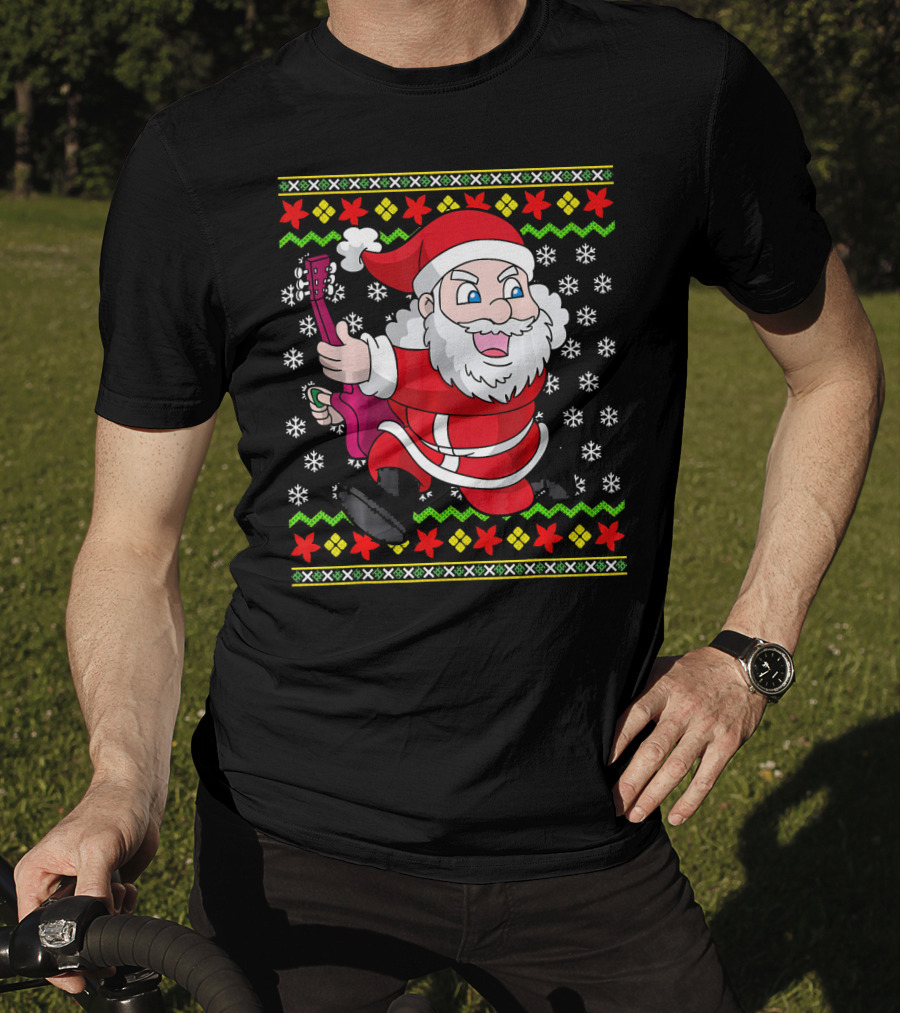 Ugly Christmas Santa Playing Guitar Festive T-Shirt