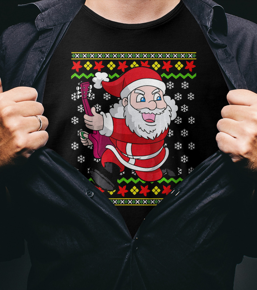 Ugly Christmas Santa Playing Guitar Festive T-Shirt