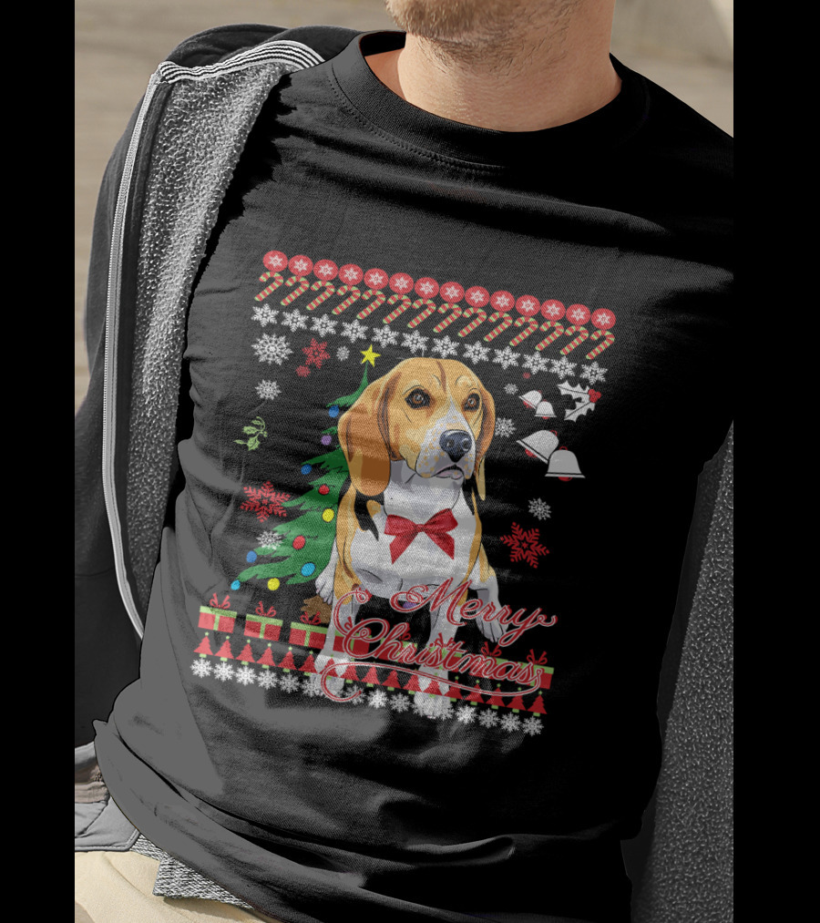 Merry Christmas Beagle With Candy Canes Snowflakes Bells And Gifts T-Shirt