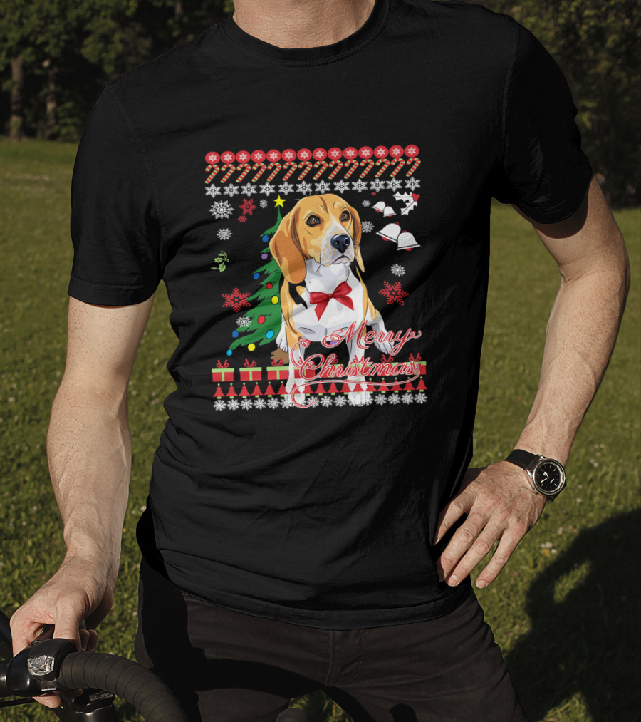Merry Christmas Beagle With Candy Canes Snowflakes Bells And Gifts T-Shirt