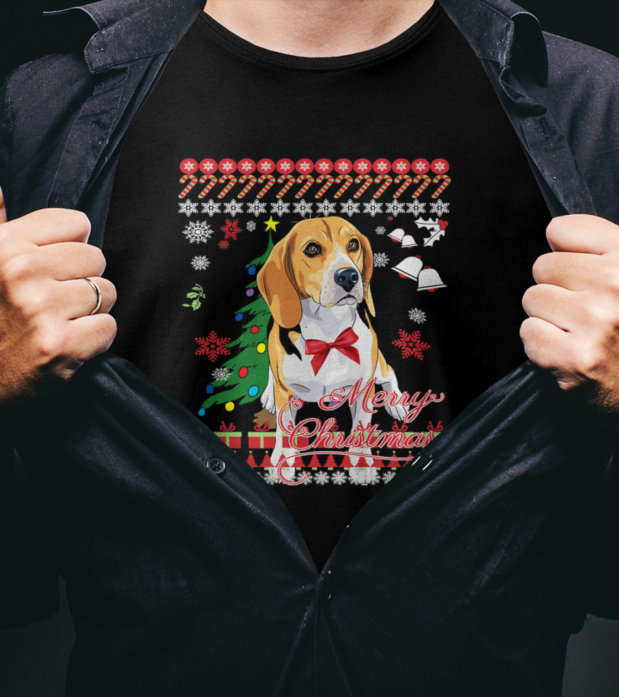 Merry Christmas Beagle With Candy Canes Snowflakes Bells And Gifts T-Shirt