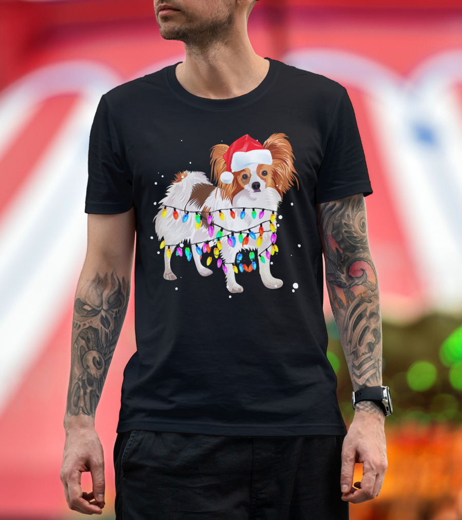 Papillon Dog Wrapped in Colorful Christmas Lights Wearing Santa Hat T-Shirt