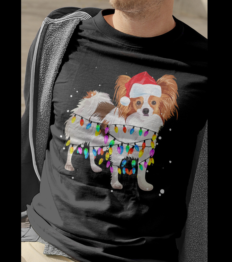 Papillon Dog Wrapped In Colorful Christmas Lights Wearing Santa Hat T-Shirt