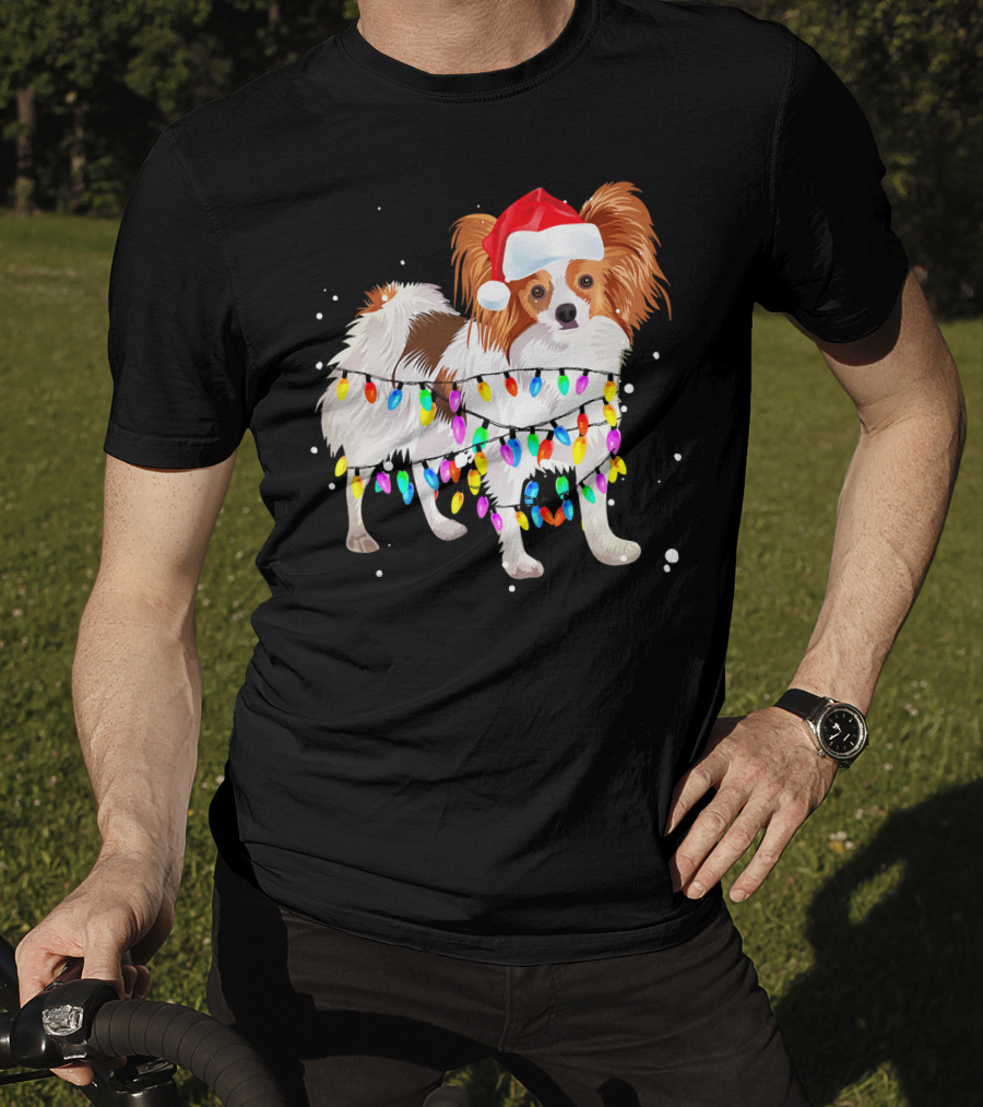 Papillon Dog Wrapped In Colorful Christmas Lights Wearing Santa Hat T-Shirt