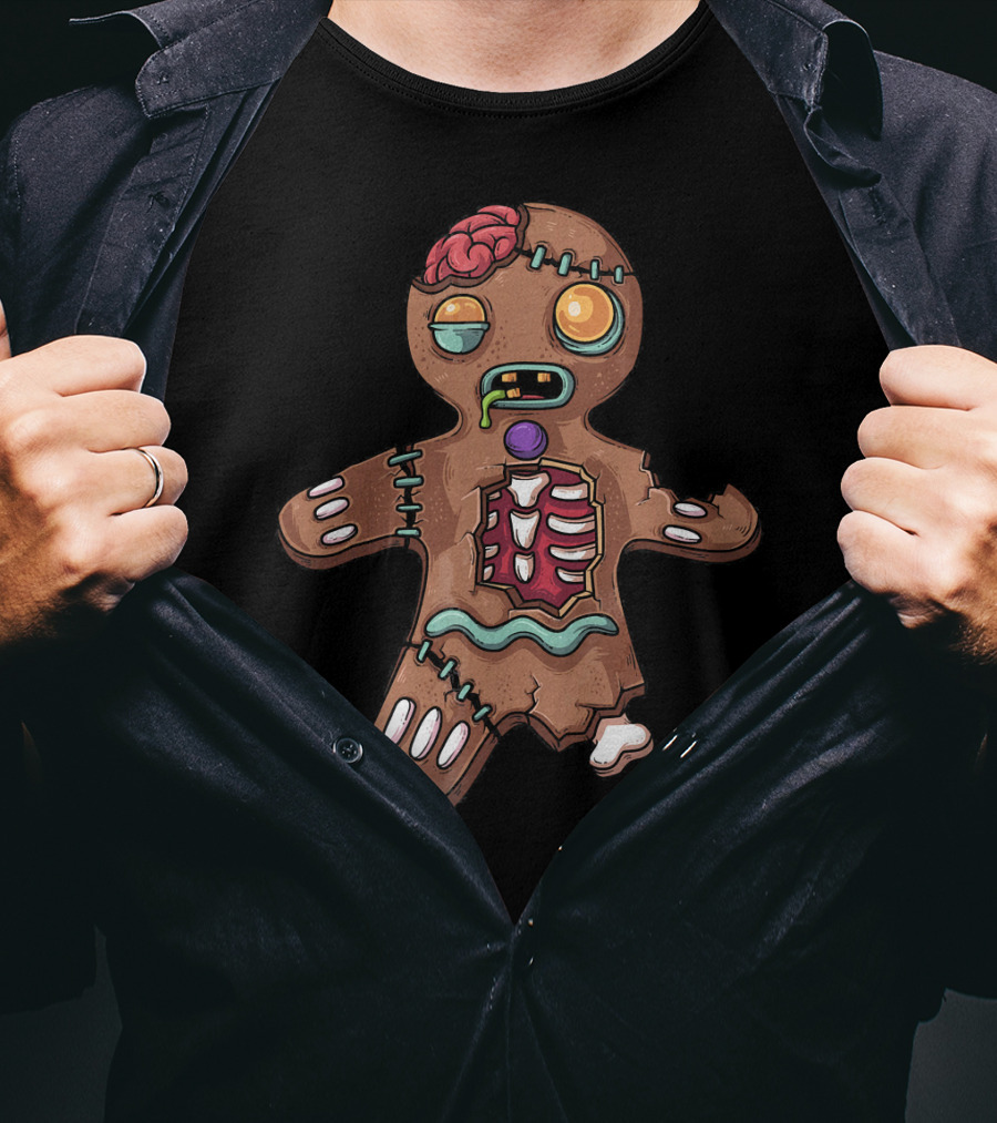 Zombie Christmas Gingerbread Man With Exposed Brain And Candy Bones T-Shirt