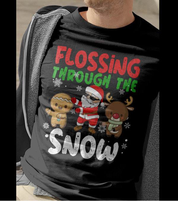 Flossing Through The Snow Santa Gingerbread Reindeer Christmas T-Shirt