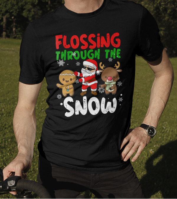 Flossing Through The Snow Santa Gingerbread Reindeer Christmas T-Shirt