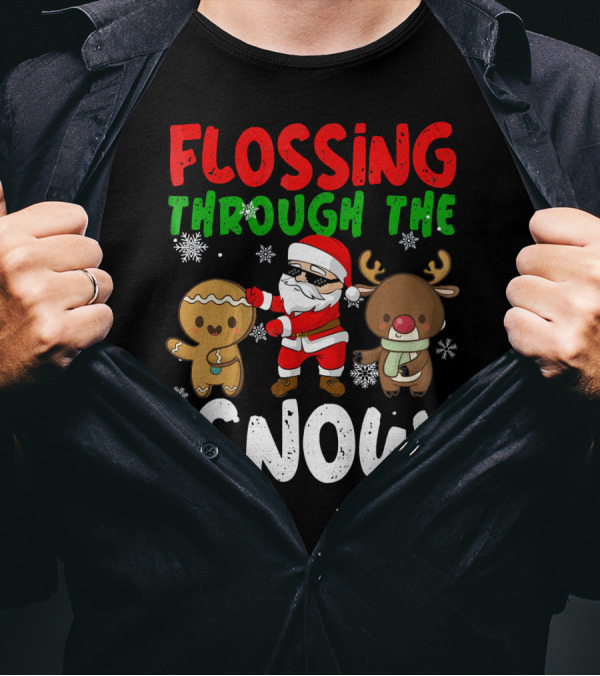 Flossing Through The Snow Santa Gingerbread Reindeer Christmas T-Shirt