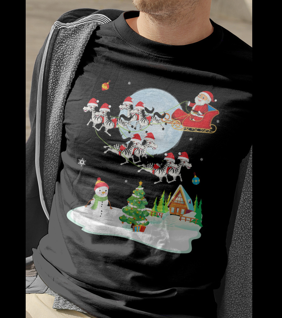Santa Claus Sleigh With Zebras And Snowman By Christmas Tree T-Shirt