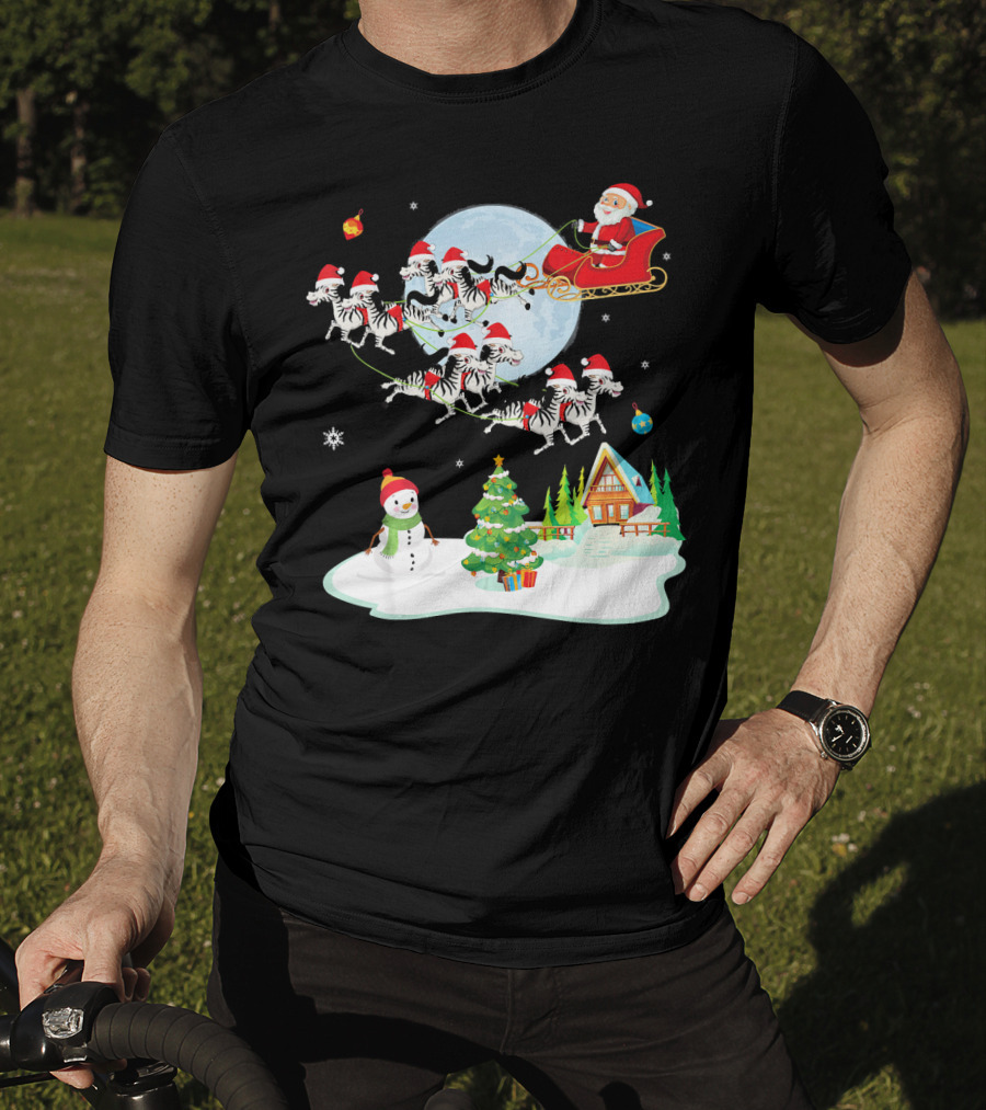 Santa Claus Sleigh With Zebras And Snowman By Christmas Tree T-Shirt