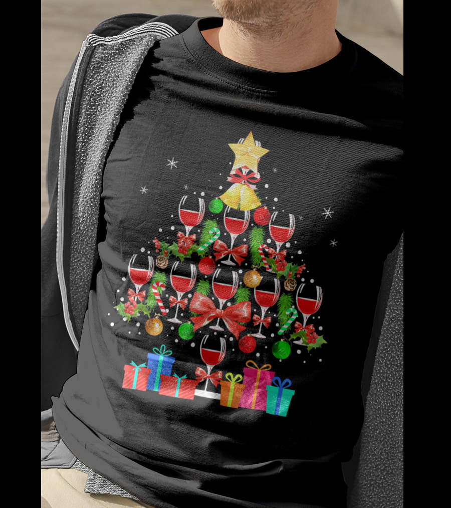 Wine Glass Christmas Tree With Gifts And Decorations T-Shirt